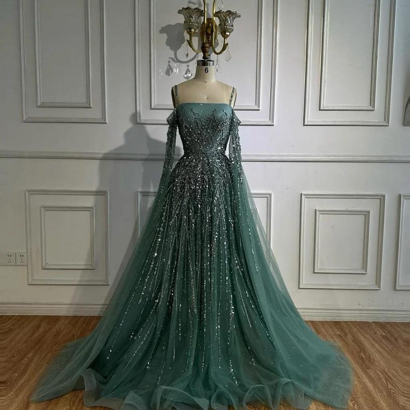 Turquoise Saudi A Line Luxury Evening Dress with Long Sleeves Cape for Formal Oc - 图片 3