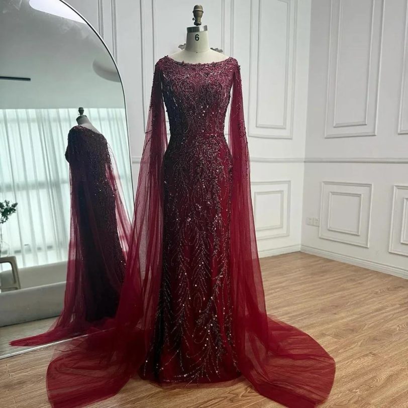 Luxury Caramel Beaded Evening Dress with Elegant Cape Sleeves Boat Neck Fitted G - 图片 4