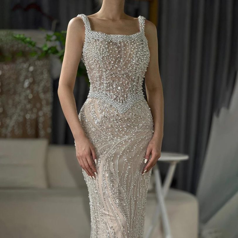 SERENE HILL Customized White Nude Sleeveless Mermaid Evening Dress Gown Luxury P - 图片 2