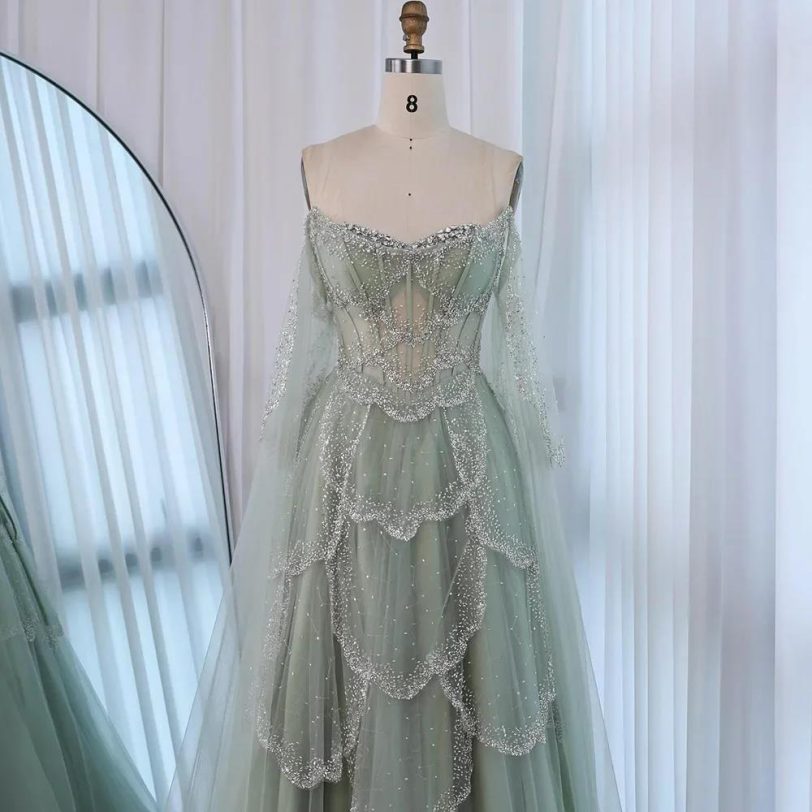Serene Hill Sage Green Arabic A-Line Off Shoulder Beaded Evening Dress with Cape - 图片 4