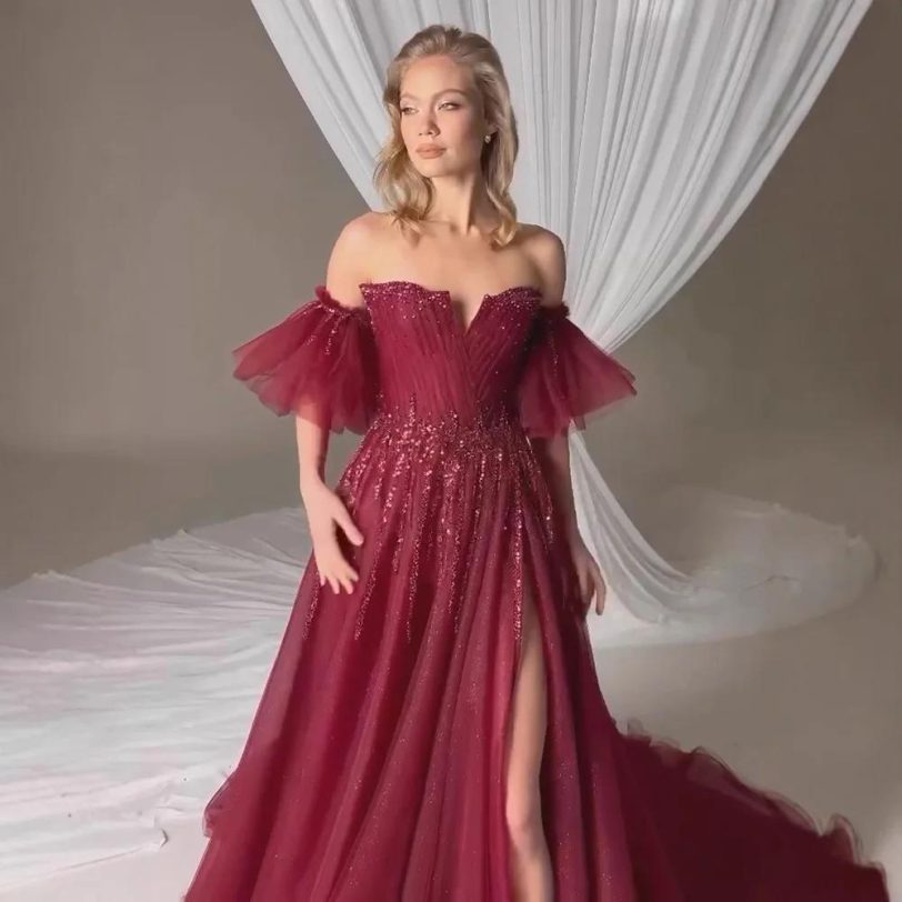 Wine Red Strapless A Line High Slit Evening Beaded Dresses Gowns With Detachable - 图片 5