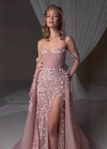Elegant Pink 3D Floral Strapless High Slit Evening Dresses Gowns With Gloves Ove