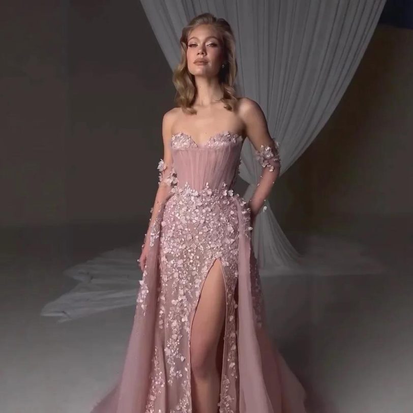 Elegant Pink 3D Floral Strapless High Slit Evening Dresses Gowns With Gloves Ove