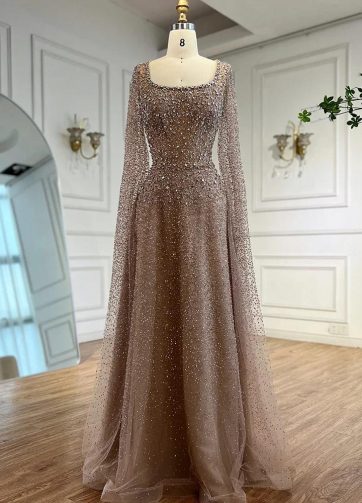 SERENE HILL 2025 Customized Arabic Luxury Beaded A-Line Evening Dress Caramel Ca