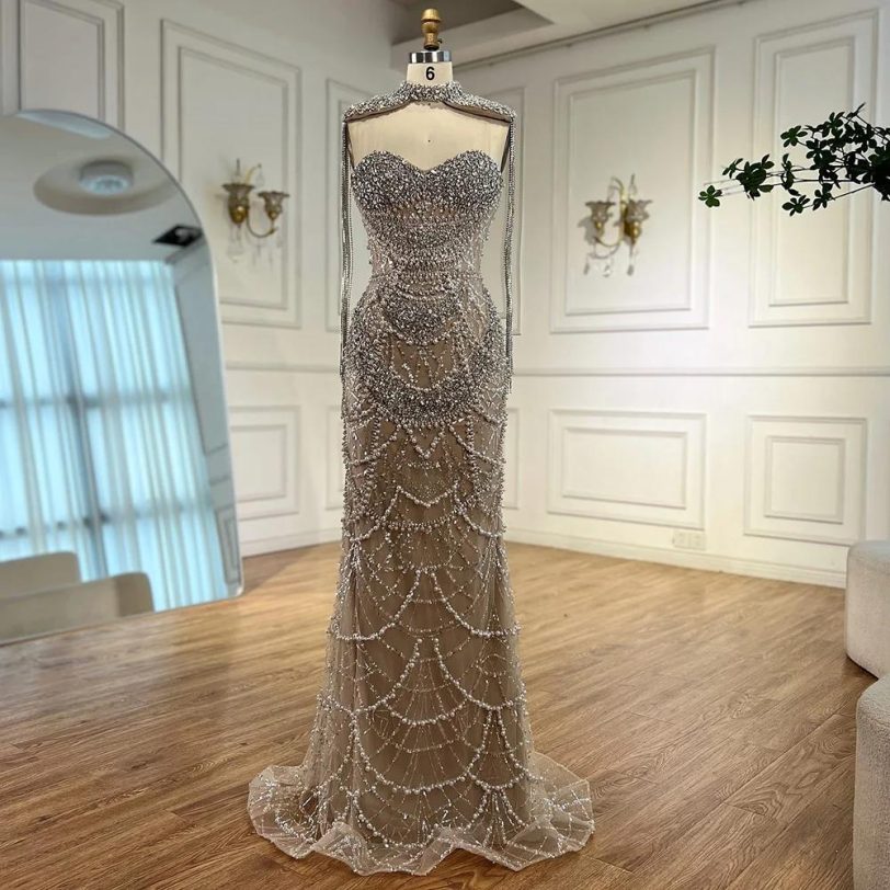 2025 Customized Nude Strapless Evening Gown with Beaded Tassel and Detachable - 图片 2