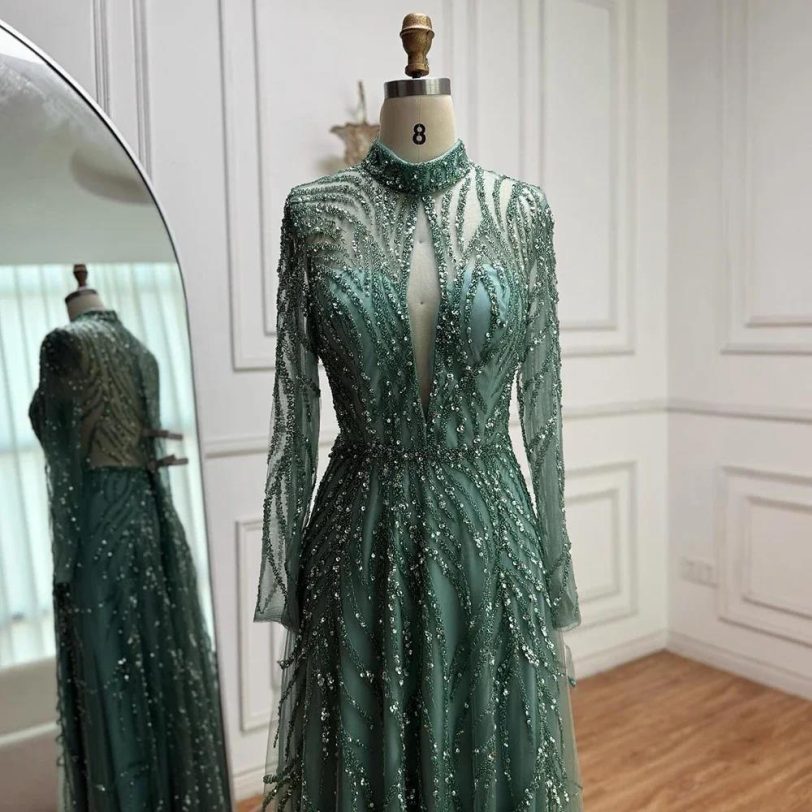 Turquoise Mermaid Evening Dress with High Neck Beaded Design for Women Formal Pa - 图片 3