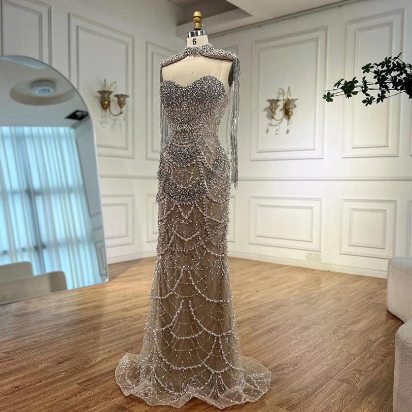 2025 Customized Nude Strapless Evening Gown with Beaded Tassel and Detachable - 图片 3