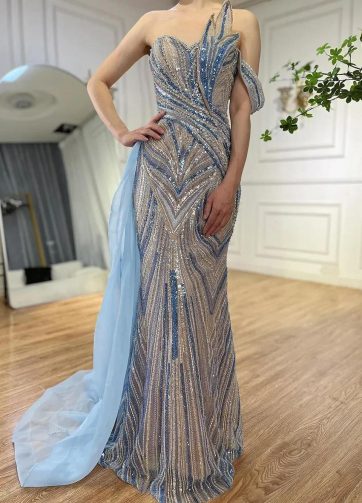 SERENE HILL Customized 2025 Arabic Blue One Shoulder Luxury Evening Dress Oversk
