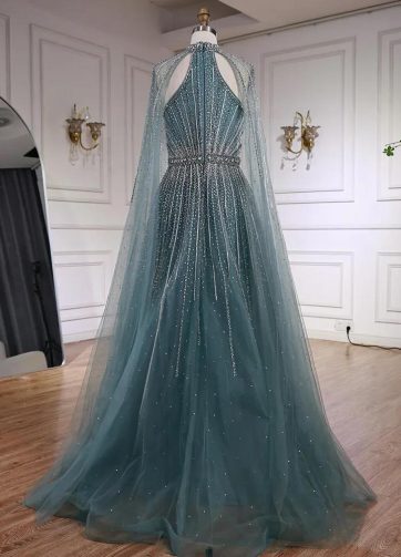 Luxury Turquoise Crystal Beaded A-Line Evening Dress with Cape Sleeves for Forma