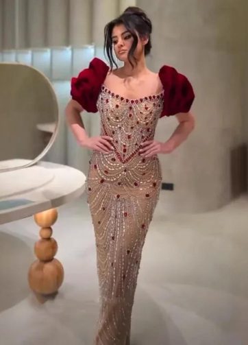 SERENE HILL 2025 Customized Arabic Burgundy Luxury Beaded Mermaid Evening Dress