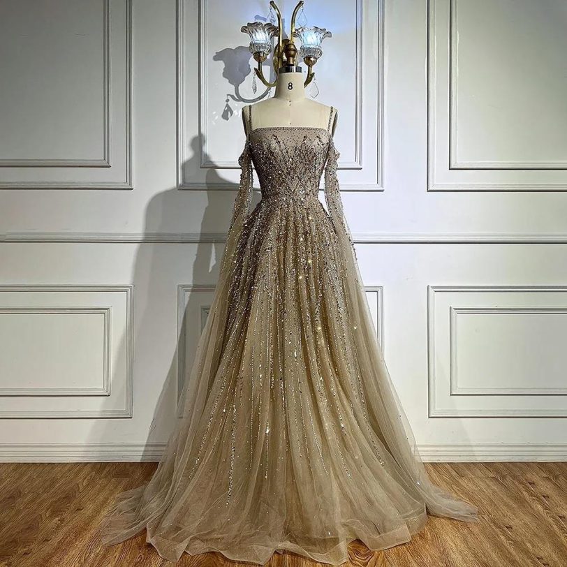 Turquoise Saudi A Line Luxury Evening Dress with Long Sleeves Cape for Formal Oc - 图片 5