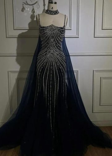 SERENE HILL Blue Spaghetti Strap Long Cloak Mermaid Beaded Lace Up Luxury Evenin