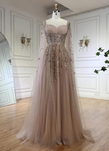 SERENE HILL Customized Arabic Luxury Nude Beaded Tassel A-Line Evening Dress 202