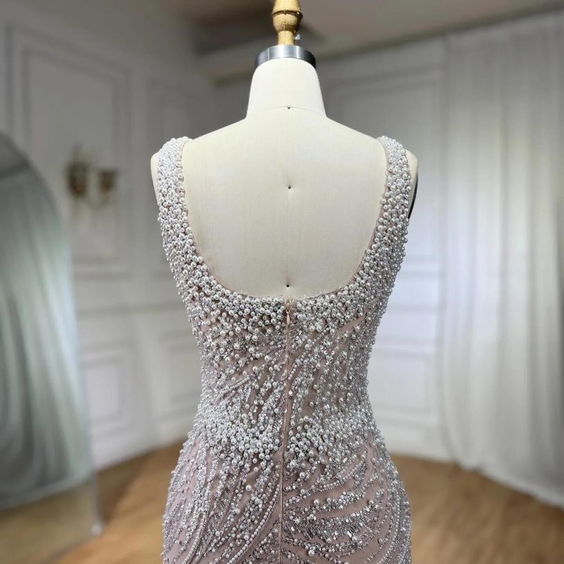 SERENE HILL Customized White Nude Sleeveless Mermaid Evening Dress Gown Luxury P - 图片 4