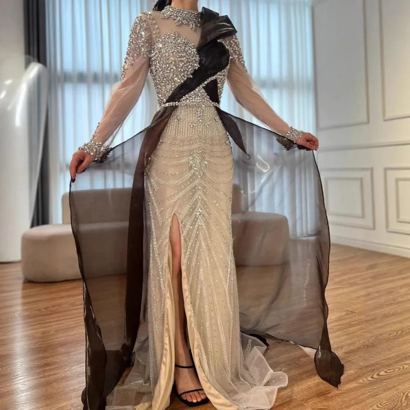 Luxury Arabic Sliver Nude Beaded Long Sleeve Evening Dress 2025 Elegant Custom M - 图片 5