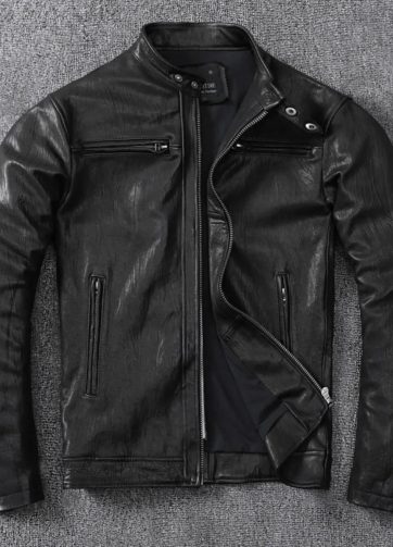 Vegetable Tanned Sheepskin Genuine Leather Jacket For Men Short Style Stand Up