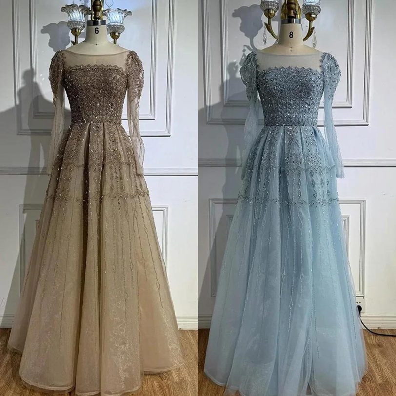 Luxury Caramel A-Line Beaded Evening Dress with Long Sleeves and Lace-Up Back fo - 图片 5