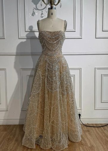 SERENE HILL Customized Arabic Luxury Nude Beaded A-Line Prom Dress 2025 Sleevele