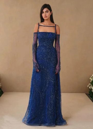 SERENE HILL Customized Arabic Navy Blue Spaghetti Strap Mermaid Beaded A-Line El