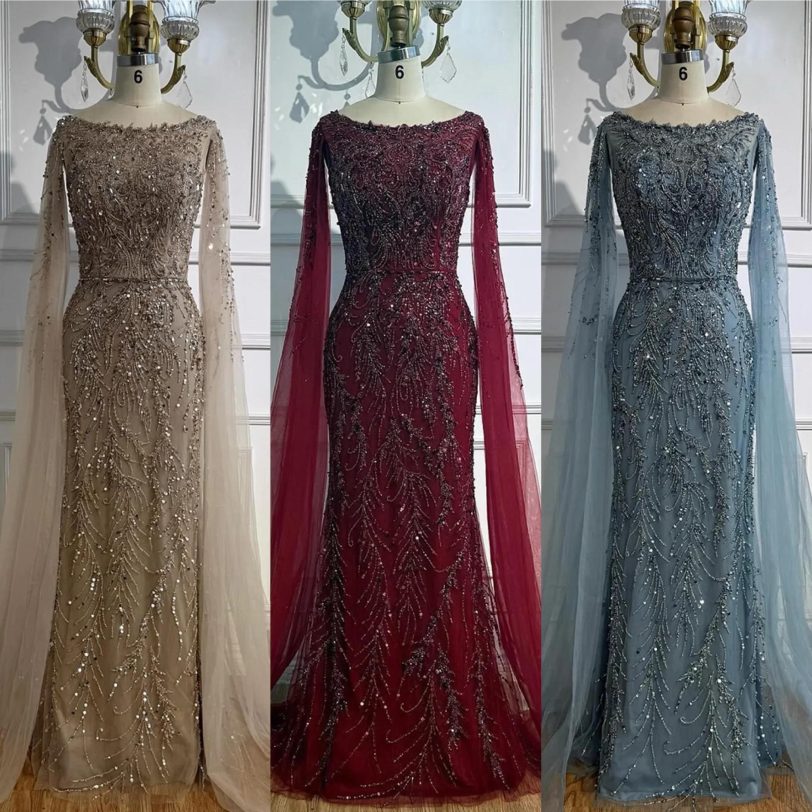 Luxury Caramel Beaded Evening Dress with Elegant Cape Sleeves Boat Neck Fitted G - 图片 3