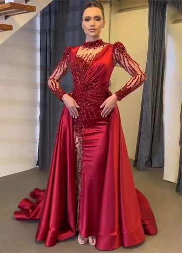 SERENE HILL Customized Burgundy Beaded Satin Mermaid Detachable Overskirt Evenin