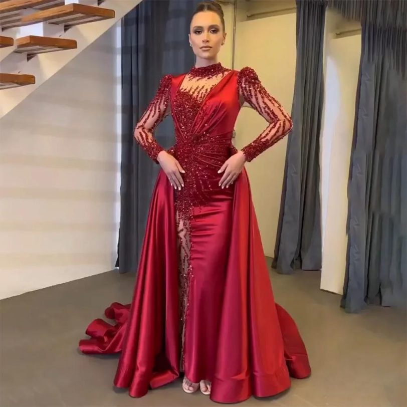 SERENE HILL Customized Burgundy Beaded Satin Mermaid Detachable Overskirt Evenin