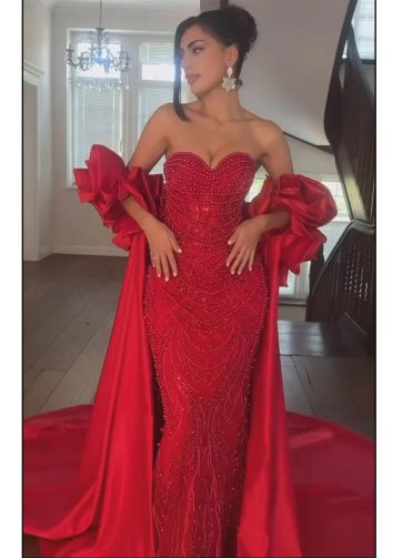 SERENE HILL Customized Red Long Cape Pearls Beaded Mermaid Evening Dresses Gowns