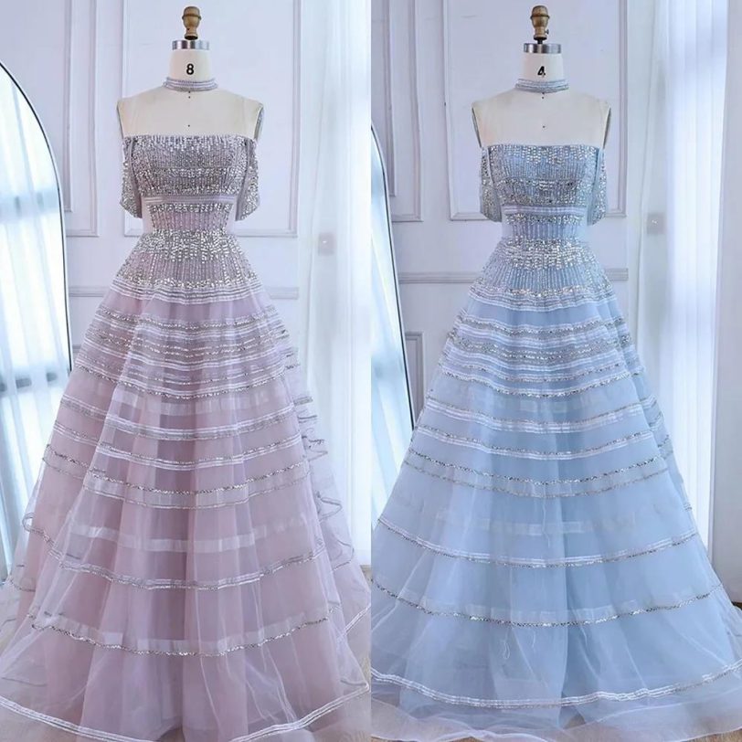 Luxury Dubai Arabic Blue Off Shoulder A Line Evening Dress with Beaded for Forma - 图片 5