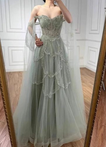 Serene Hill Sage Green Arabic A-Line Off Shoulder Beaded Evening Dress with Cape