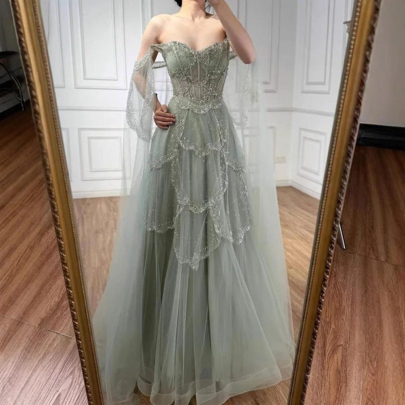 Serene Hill Sage Green Arabic A-Line Off Shoulder Beaded Evening Dress with Cape
