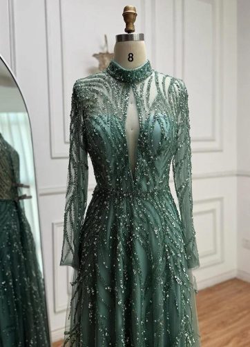 Turquoise Mermaid Evening Dress with High Neck Beaded Design for Women Formal Pa
