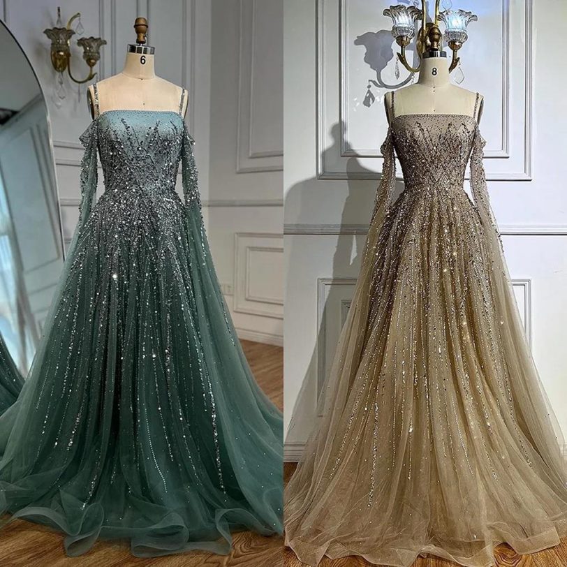 Turquoise Saudi A Line Luxury Evening Dress with Long Sleeves Cape for Formal Oc - 图片 4