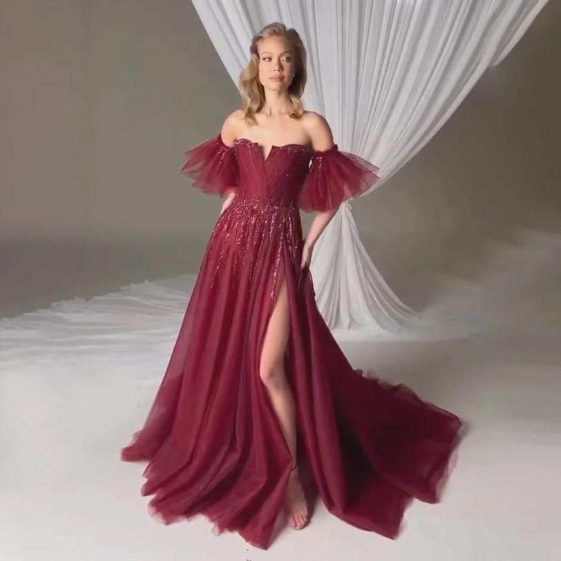 Wine Red Strapless A Line High Slit Evening Beaded Dresses Gowns With Detachable - 图片 4