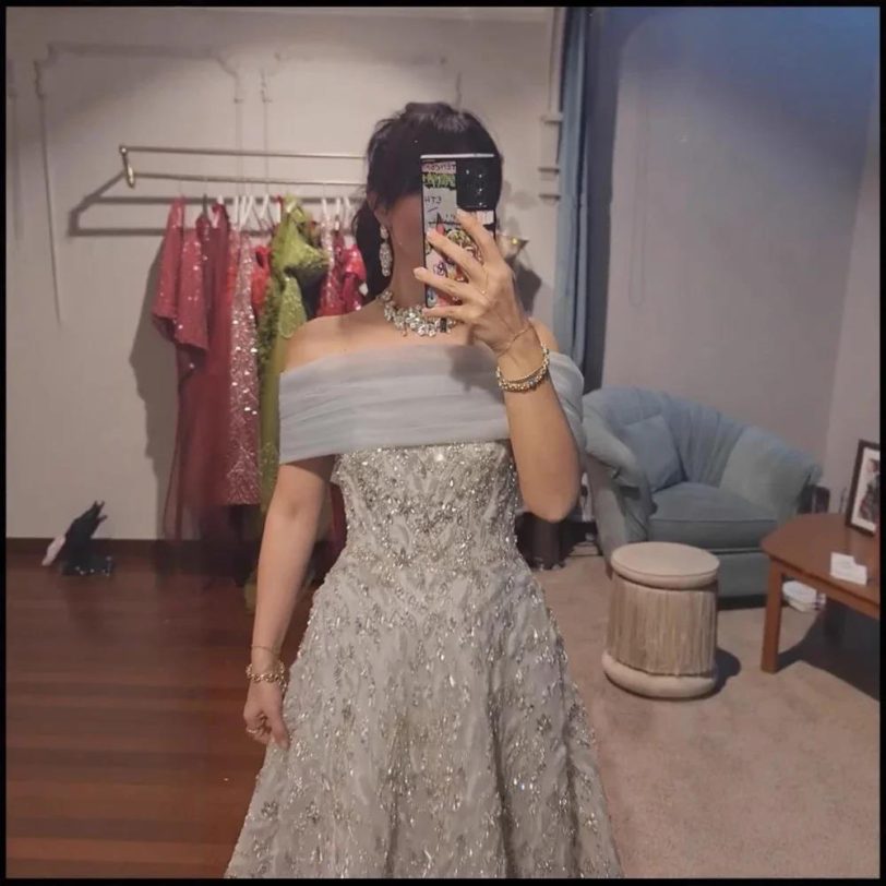 Luxury Glamorous Gray SliverOff Pink Mermaid Evening Dress with Big Bow Backless