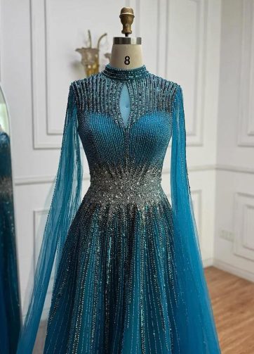 Luxury Modest Blue Beaded Evening Dress with Cape Sleeves Arabic Gown Serene Hil