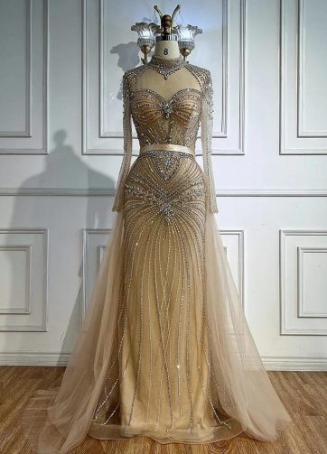 Luxury Nude Beaded Arabic Style Evening Dress with Detachable Overskirt Serene H