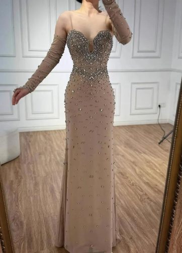 Luxury Nude Crystal Mermaid Evening Dress with Removable Long Sleeves and Spaghe
