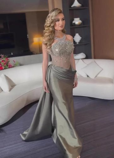Luxury Olive Green Satin Evening Dress with Beaded Illusion Bodice and Draped Sk