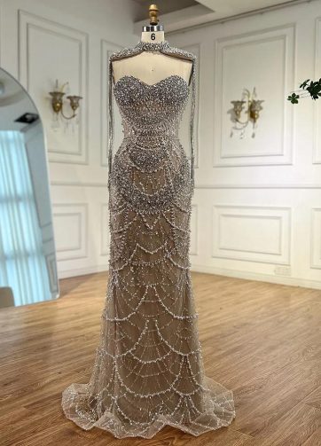 2025 Customized Nude Strapless Evening Gown with Beaded Tassel and Detachable