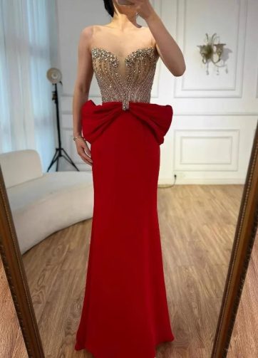Luxury Red Strapless Mermaid Evening Dress with Crystal Beading and Large Bow El