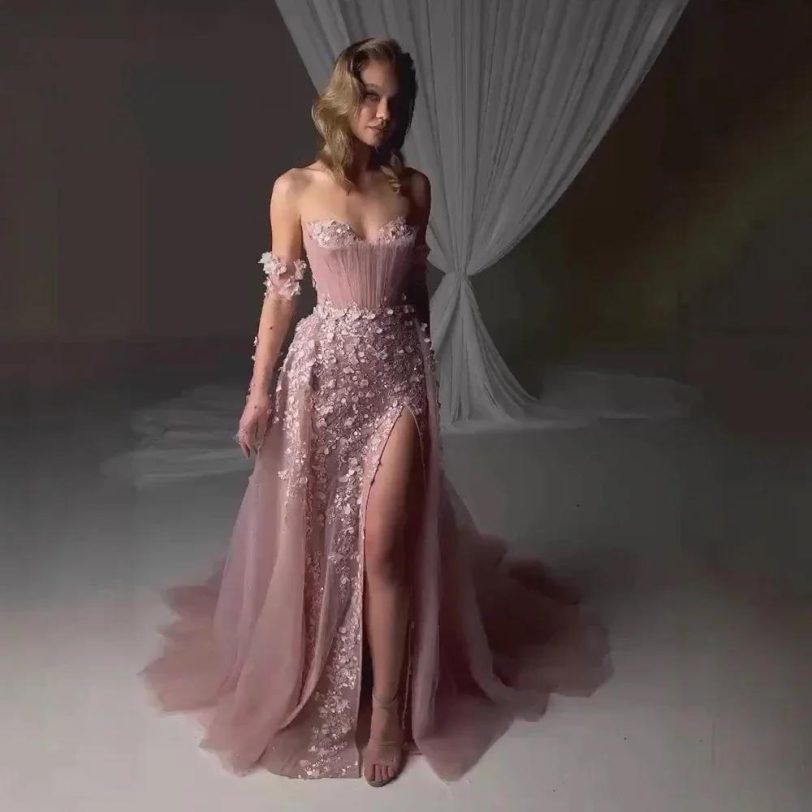 Elegant Pink 3D Floral Strapless High Slit Evening Dresses Gowns With Gloves Ove - 图片 2