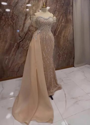 Nude Luxury Beaded Mermaid Evening Dresses With Overskirt Gown For Formal Occasi