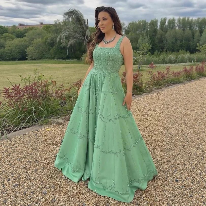 Elegant Sage Green Beaded A-Line Evening Dress with Square Neck for Women Party