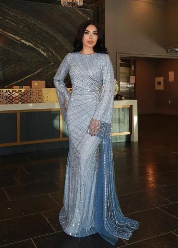 SERENE HILL 2025 Customized Arabic Elegant Blue Beaded Saudi Evening Dresses Gow