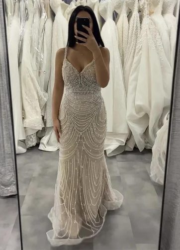 SERENE HILL 2025 Customized White Nude Mermaid Overskirt Evening Dress Spaghetti
