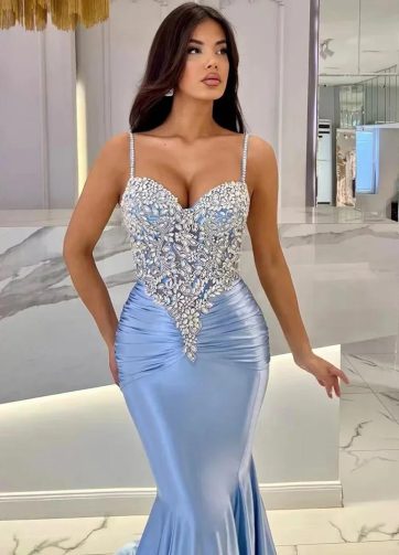 SERENE HILL Customized 2025 Arabic Blue Spaghetti Straps Satin Mermaid Evening D