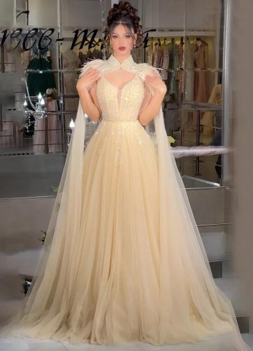 SERENE HILL Customized Arabic Beige A-Line Feathers Long Cape Luxury Beaded Even