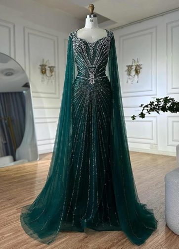 SERENE HILL Customized Silver Nude Luxury Beaded Mermaid Cape Sleeves Evening Dr