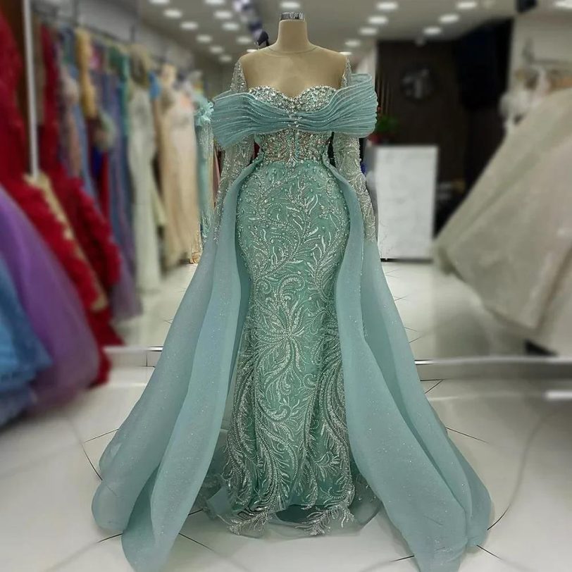 Arabic Blue Beaded Evening Dress Long Sleeves Bow Front Overlay Saudi Style Gown - 图片 2