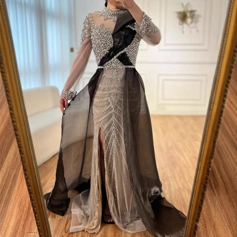 Luxury Arabic Sliver Nude Beaded Long Sleeve Evening Dress 2025 Elegant Custom M - 图片 4